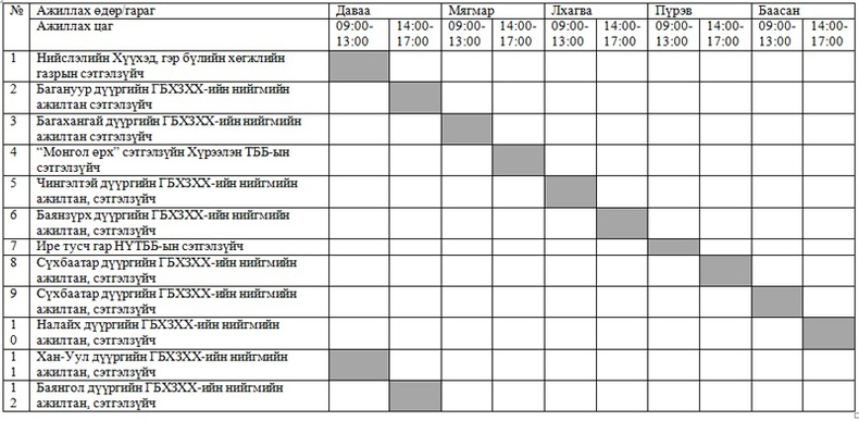 "Шидэт толь" төвийн цагийн хуваарь